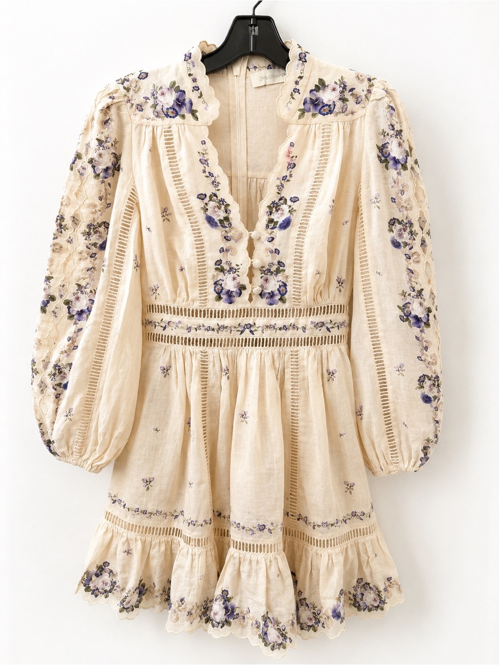 Zimmermann Patience Plunge Mini Dress in Cream/Purple Rose